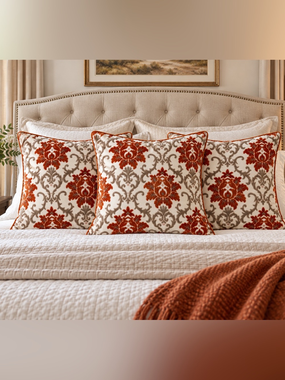 Homey Cozy Set of 3 Luxury 23” x 23” Burnt Orange Damask Pillow Covers